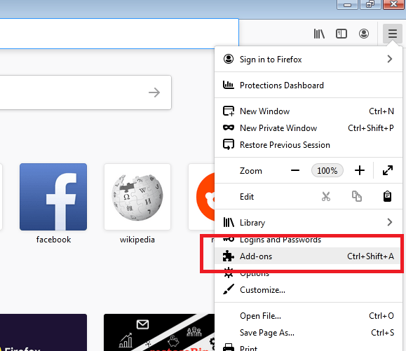 Firefox Add-ons options under menu list