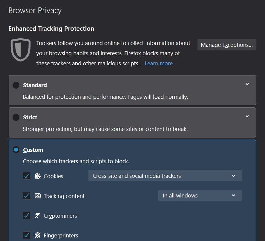 Firefox Browser Privacy Settings - Enhanced Tracking Protection