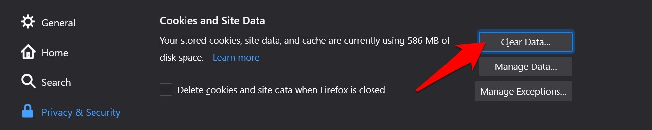 Firefox Clear Data command button