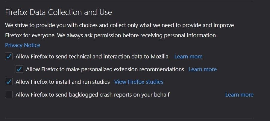 Firefox Data Collection and Usage Opt Checkbox