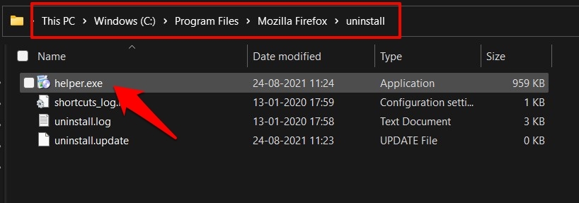 Firefox Helper.exe software in Uninstall folder