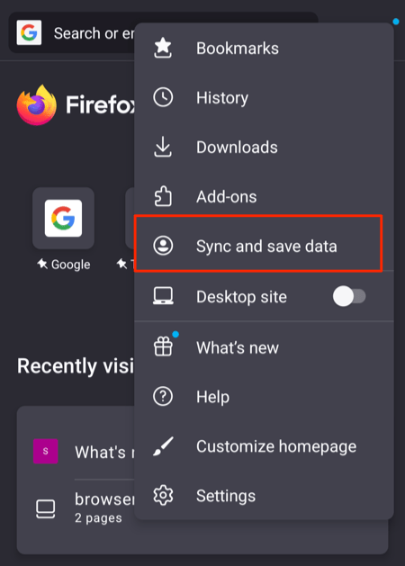 Firefox Android Sync and Save Data menu