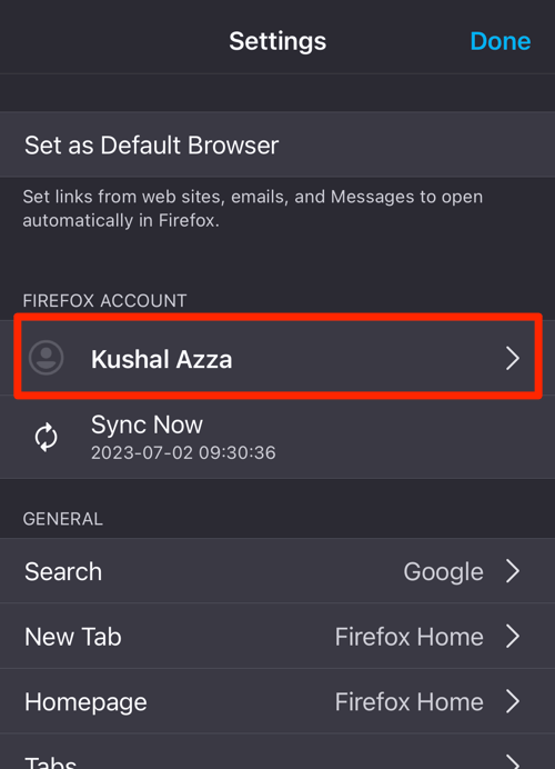 Firefox account Display Name under Settings screen in iPhone