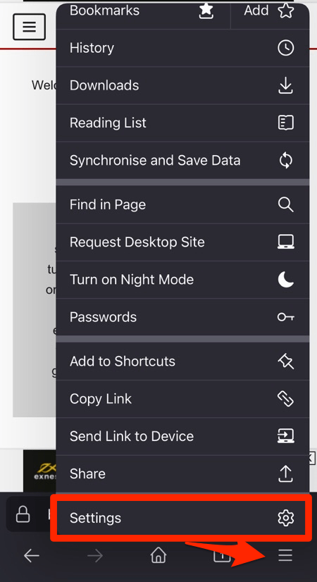 Firefox app Settings menu in iPhone