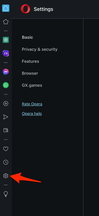Gear icon for Settings option in Opera computer