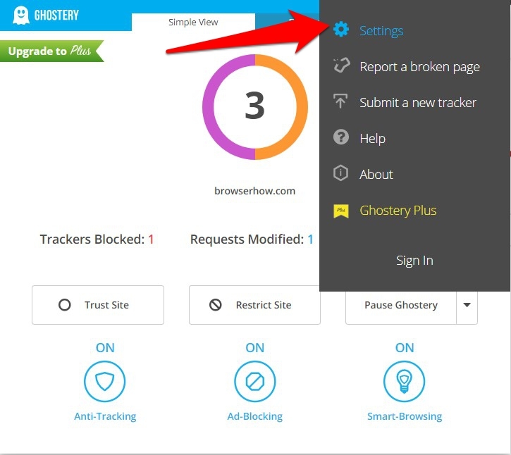 Ghostery Extension Settings option menu