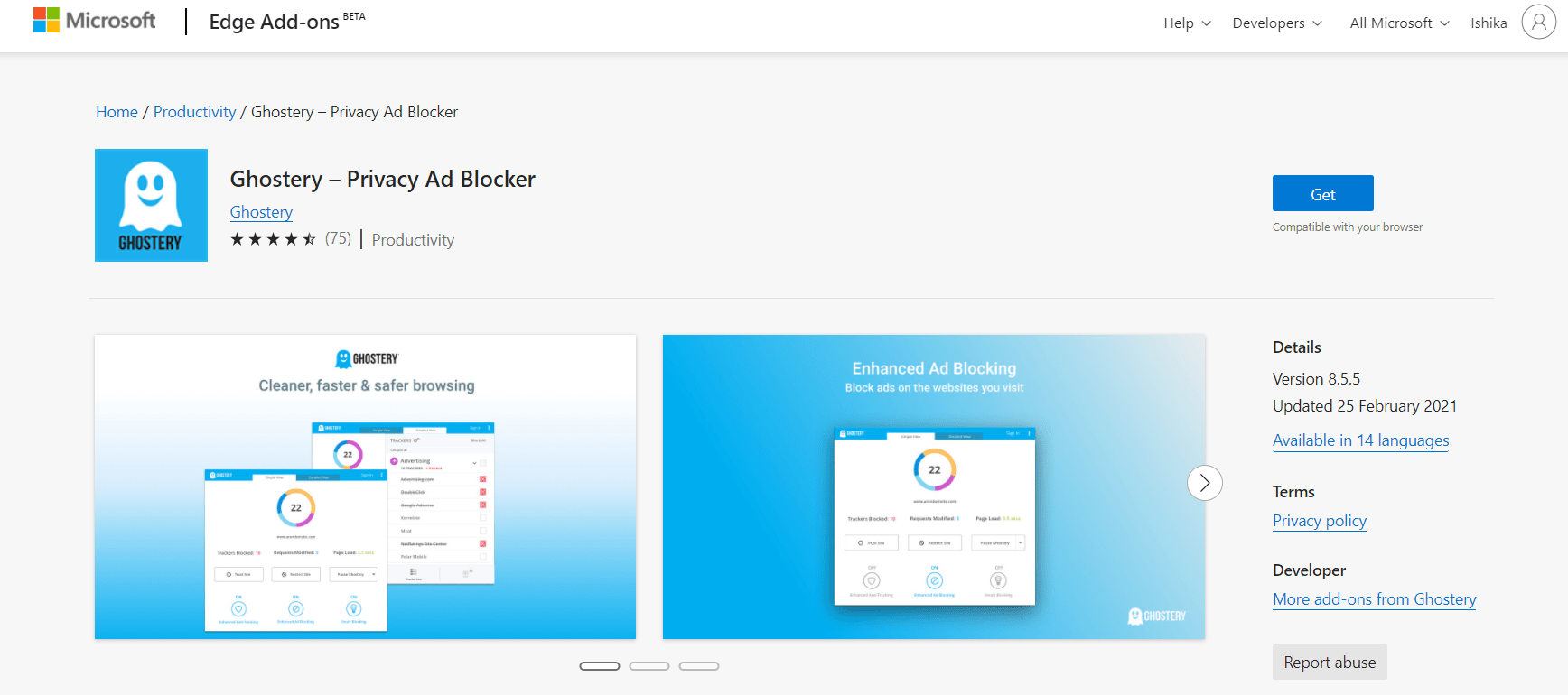 Расширения microsoft. Ghostery privacy ad Blocker 1.0.0.0.