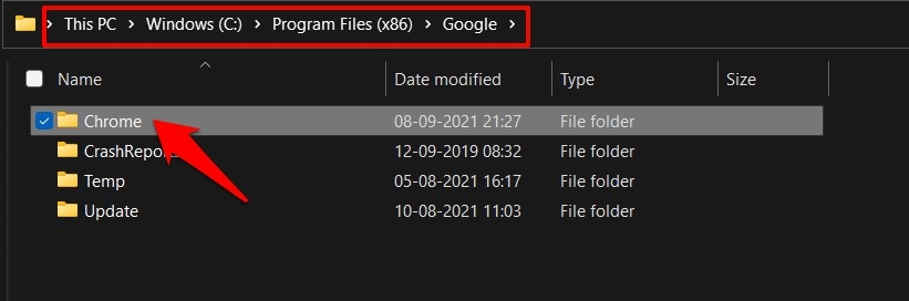 Google Chrome Program Files Folder in Windows OS