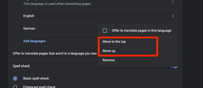Google Chrome Language Settings Move to the top or move up preference