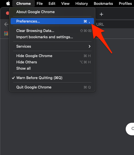 Google Chrome Preferences menu in MacOS