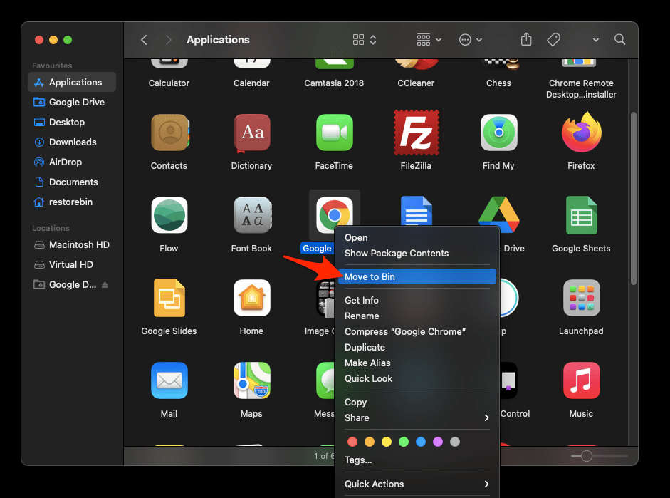 Google Chrome in Mac Application folder with Move to Bin context menu