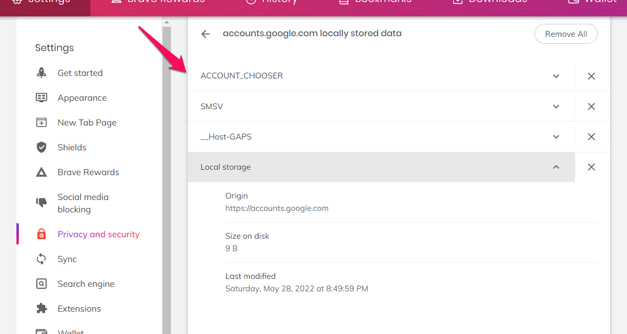 Google account cache and cookies storage Brave browser