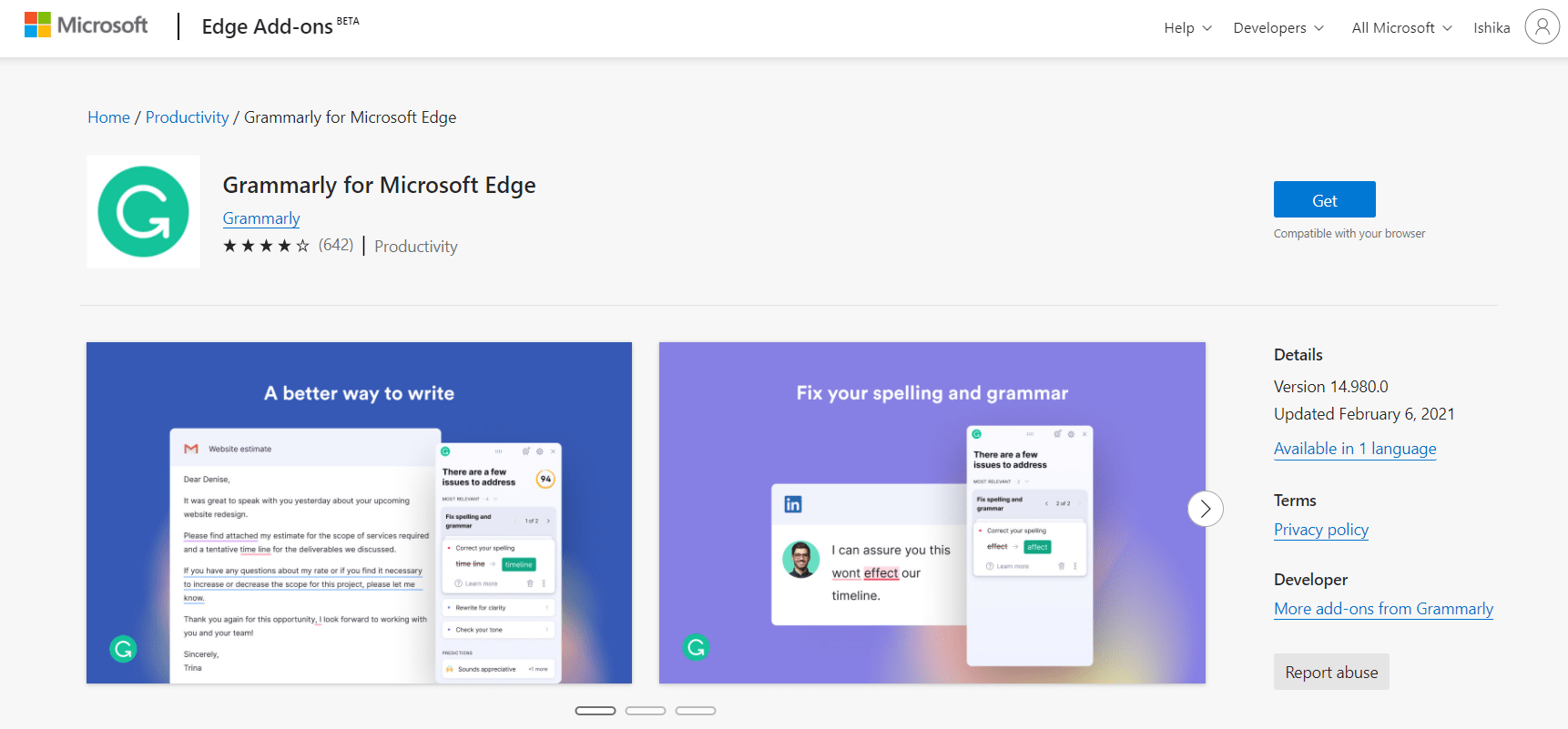 Grammarly for Microsoft Edge extension