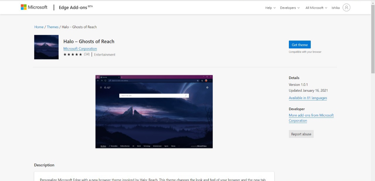 Halo Ghost of Reach Theme on Microsoft Edge