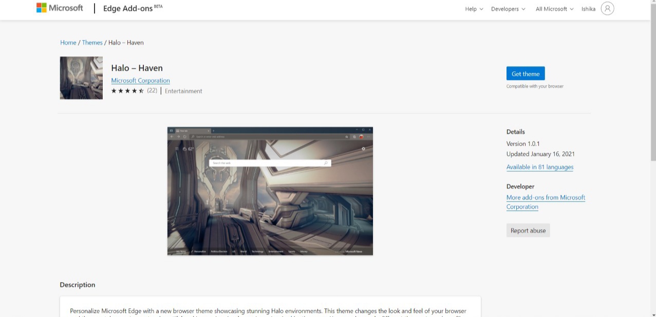 Halo Haven theme add-on for Microsoft Edge