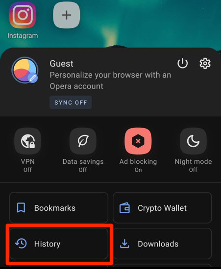 History menu on the Opera Android