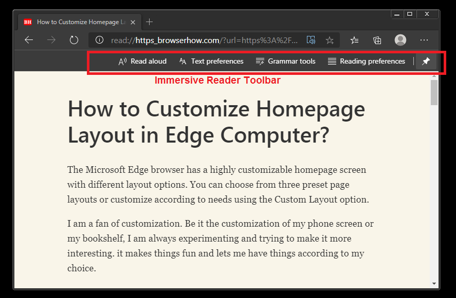 Immersive Reader Toolbar and Options in Microsoft Edge