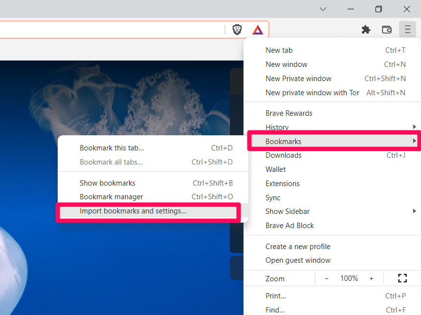 Import Bookmarks and Settings menu in Brave browser