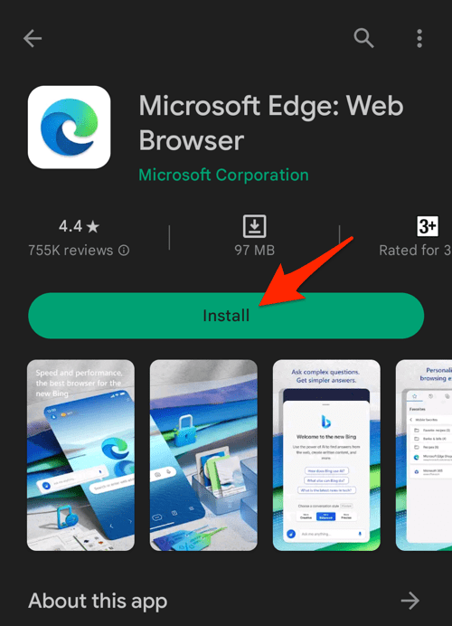 Install Edge app on Android Play Store