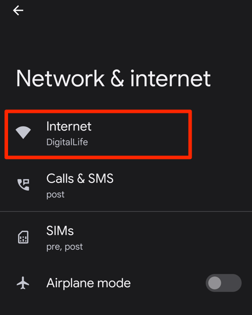 Internet menu under Network and Internet settings on Android Phone