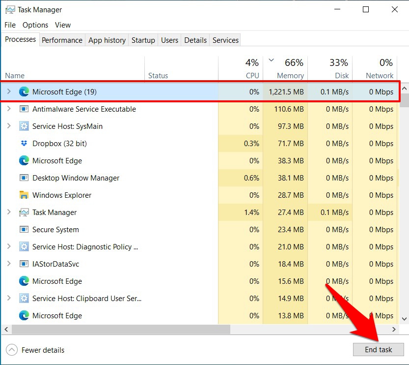 Kill Microsoft Edge browser from Task Manager