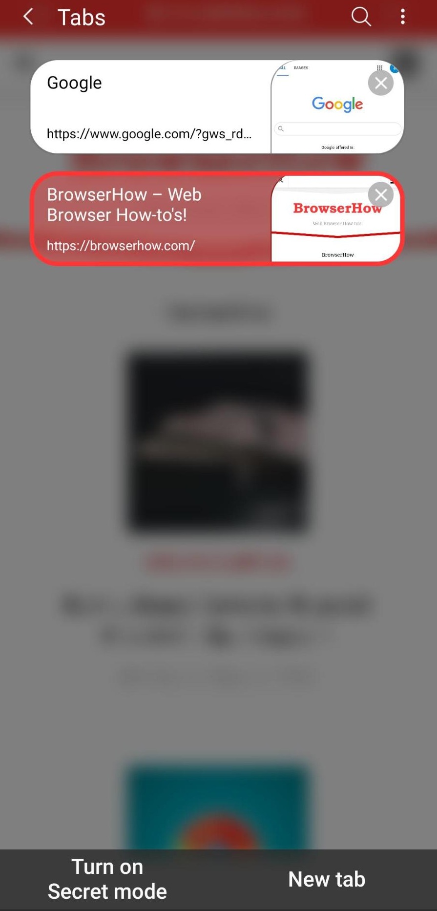 List of open Tabs and Turn on Secret mode in Samsung Internet