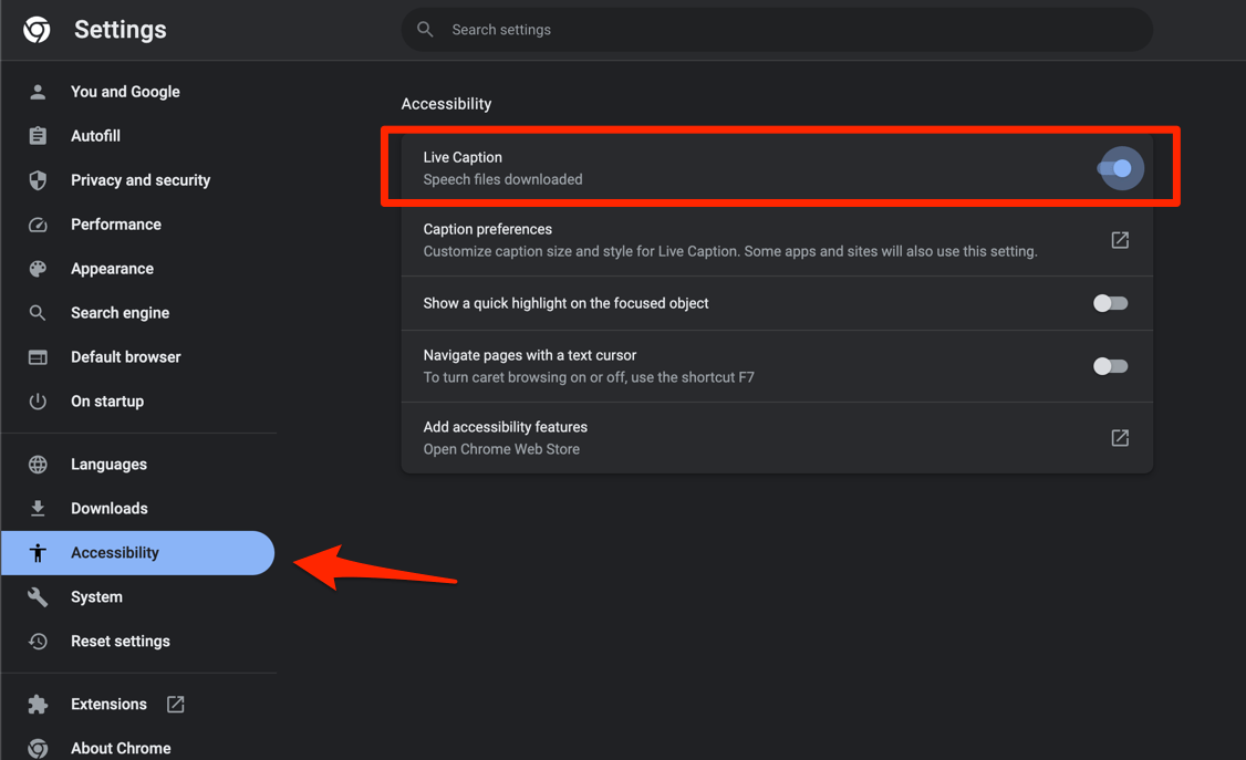 Live Caption Settings - Accessibility Chrome browser