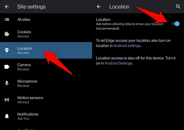 Location Access Toggle button in Edge Android