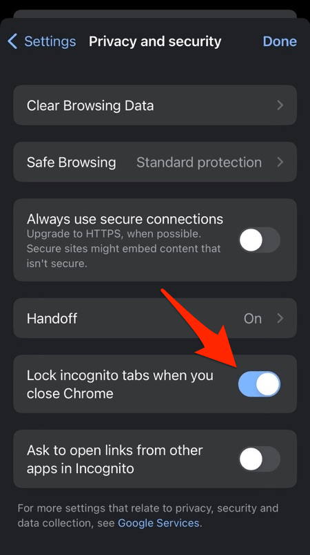 Lock incognito tabs option on Chrome iPhone