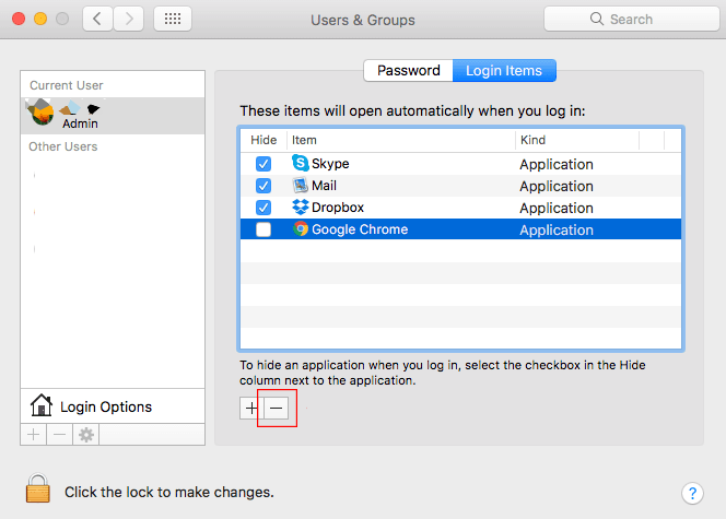Mac User and Group Login Items remove from list