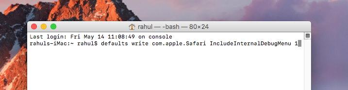 MacOS terminal to enable Debug menu on Safari browser