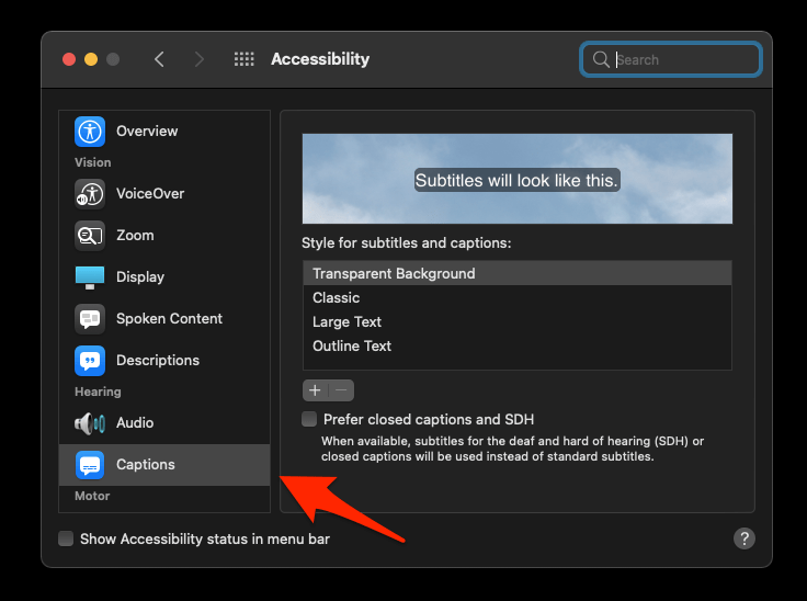 MacOS Accessibility Captions setting