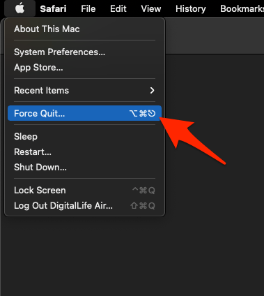 Mac Force Quit menu under Apple Logo