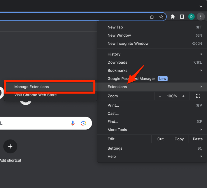 Manage Extensions menu in Chrome browser on computer