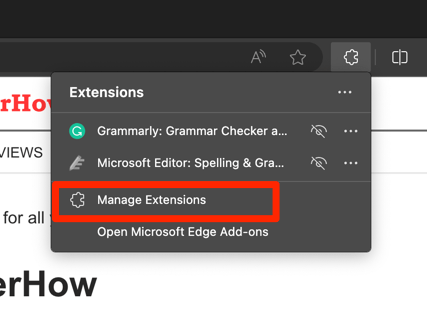 Manage Extensions option under Extensions icon on Edge browser