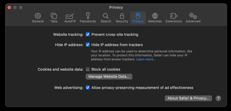 Manage Website Data button on Privacy tab in Safari macOS Settings