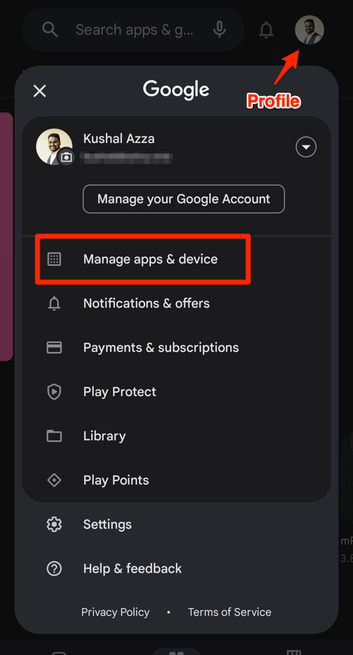 Manage apps and device under Profile icon on Google Play Store