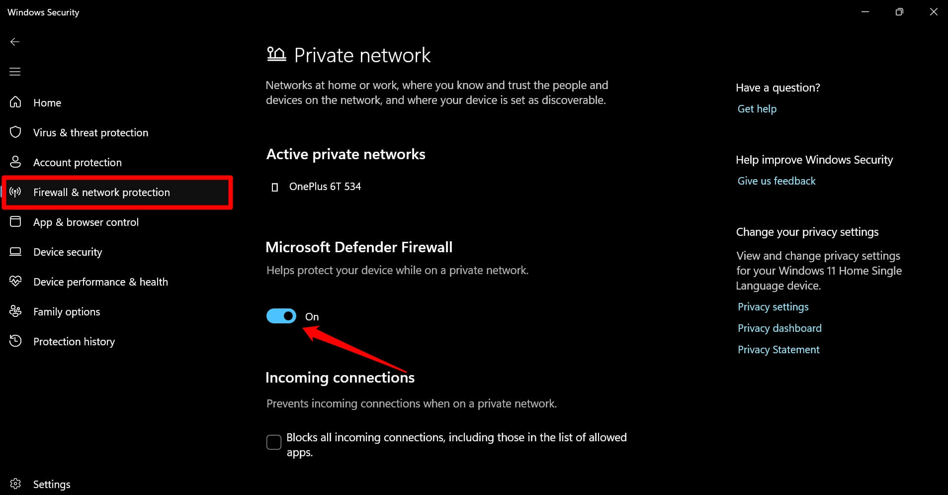 Microsoft Defender Firewall Toggle Switch button in Windows PC