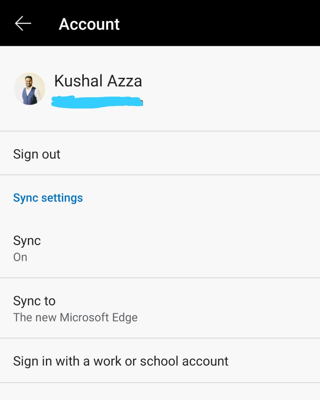 Microsoft Edge Android Profile Page