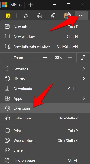 Microsoft Edge Extensions menu