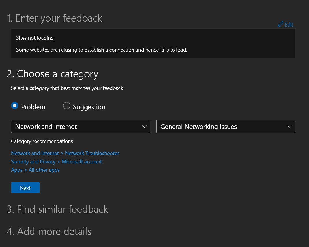 Microsoft Edge Feedback Hub Stages
