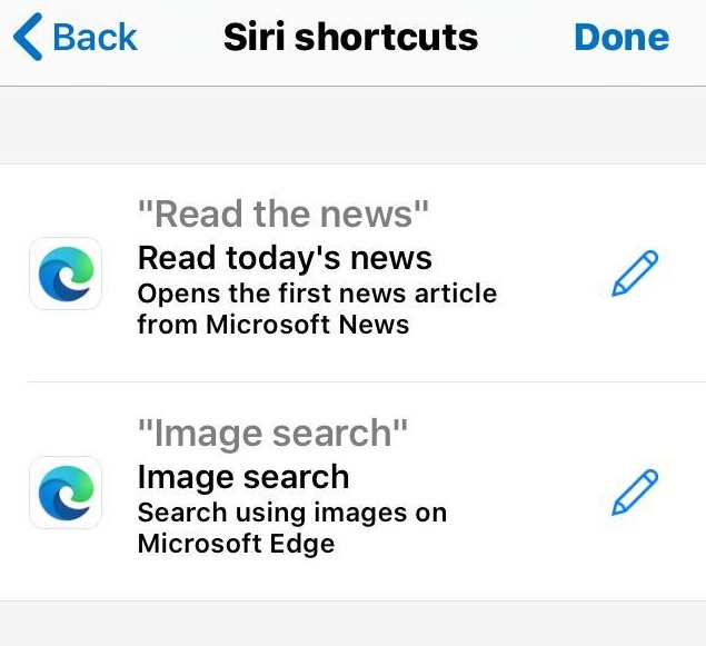 Microsoft Edge iOS Siri Shortcuts Voice Command