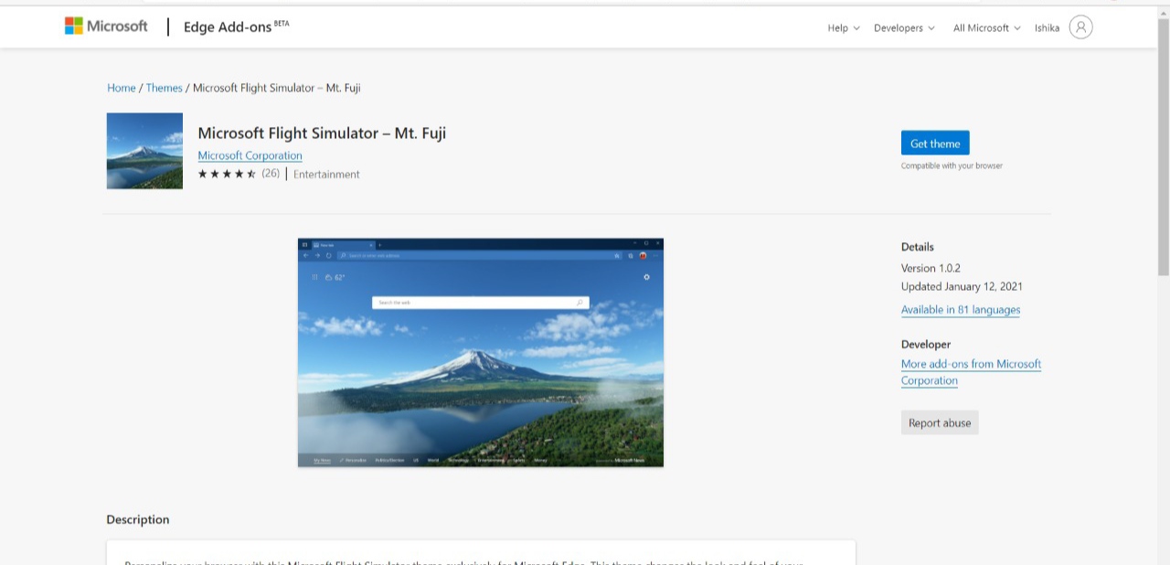 Microsoft Flight Stimulator Mt Fuji Theme for Edge