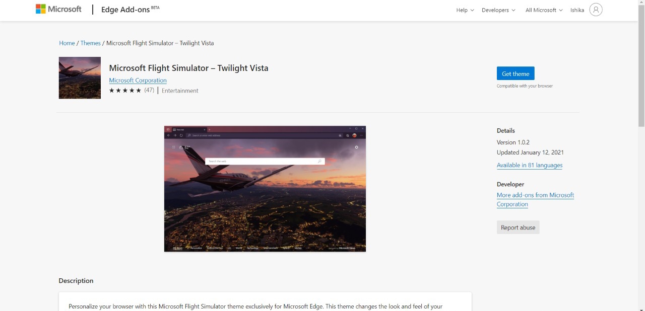 Microsoft Flight Stimulator Twilight Vista Edge Add-on Theme
