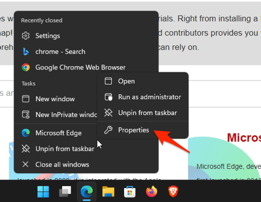 Microsoft Edge Properties menu from the Windows Taskbar option