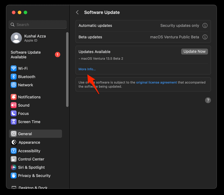 More Info option with Software Updates Available on macOS