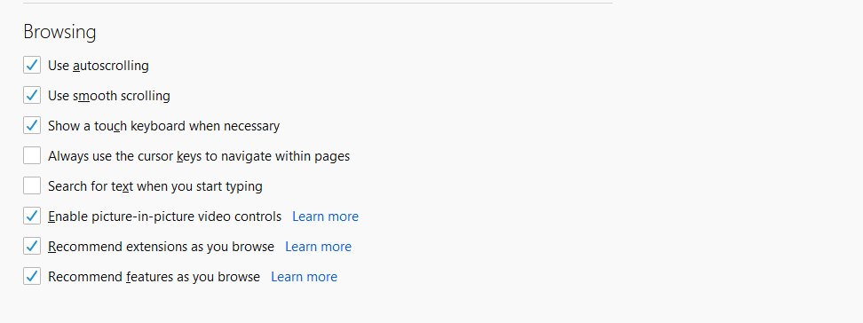 Mozilla Firefox Browsing options