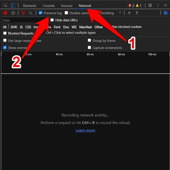 Network Tab Preserve Logs options in Chrome computer