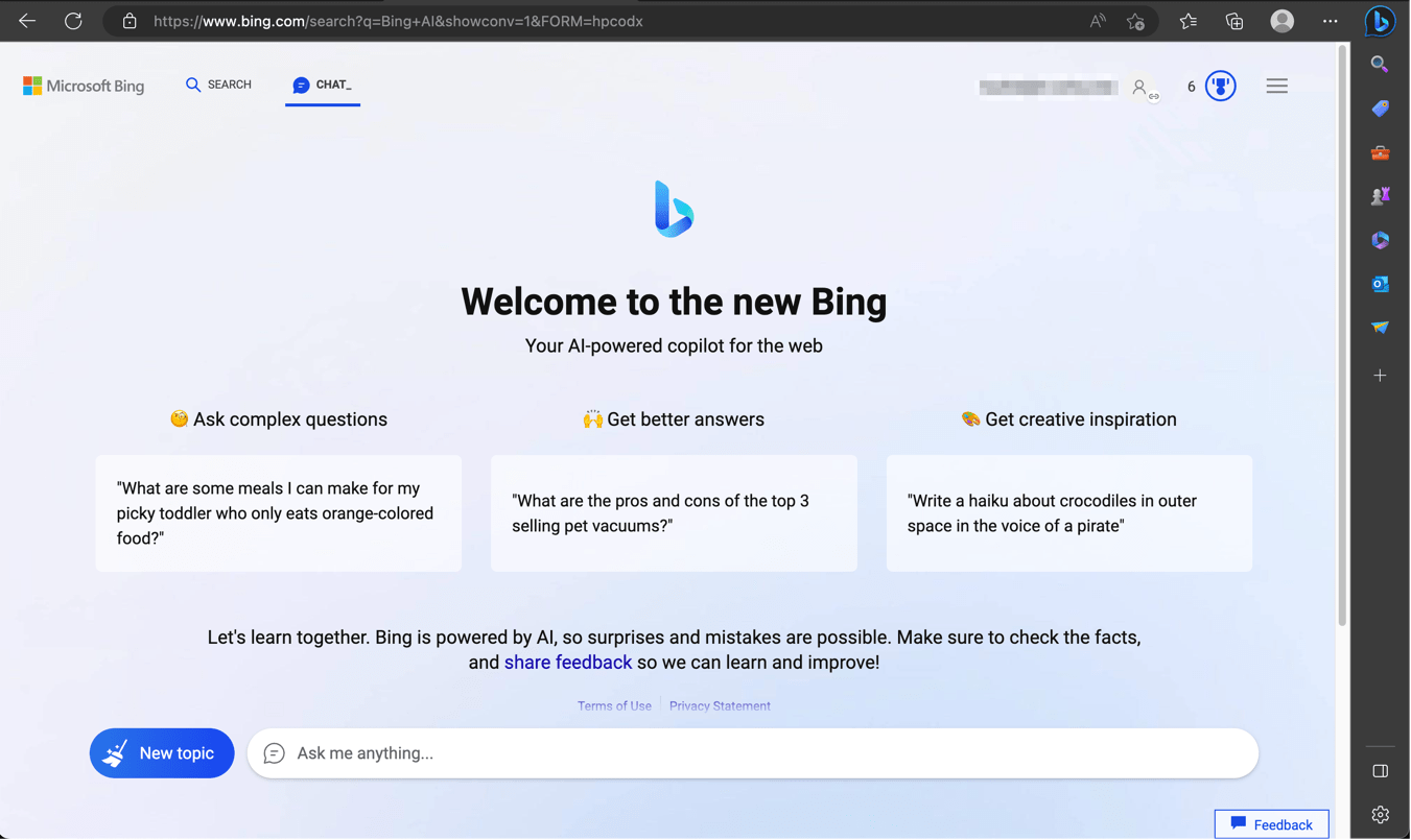 New Bing AI-powered copilot for the web on Edge browser computer screen
