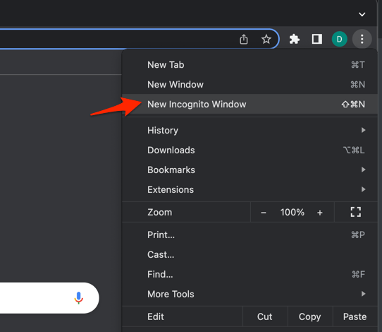 New Incognito Window menu in the Chrome browser on computer